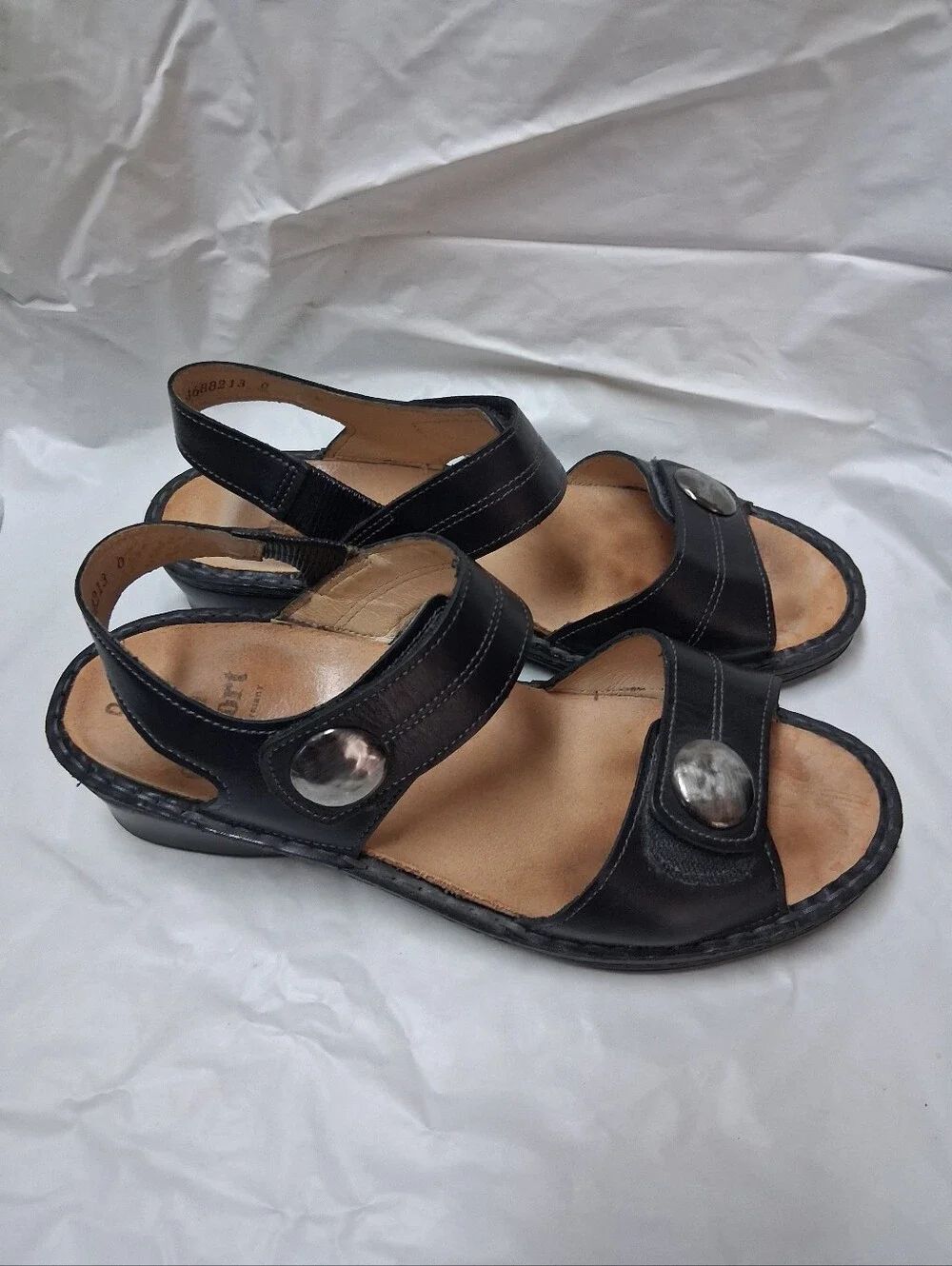 Finn Comfort Black Leather Adjustable Strap Sandals with Silver Accents Sz 5.5